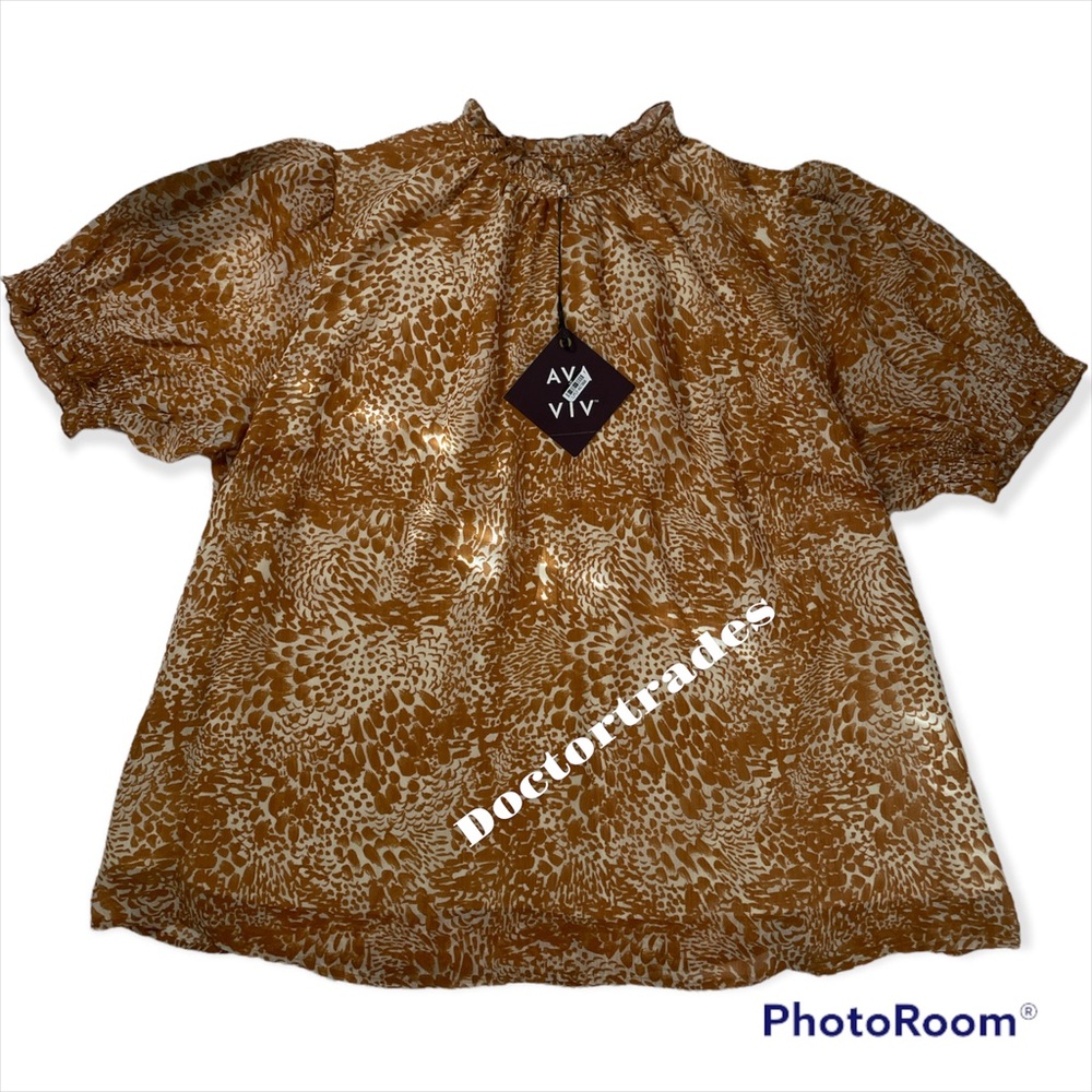 New Women's Plus Size Leopard Print Puff Short Sleeve Blouse Ava & Viv Orange X